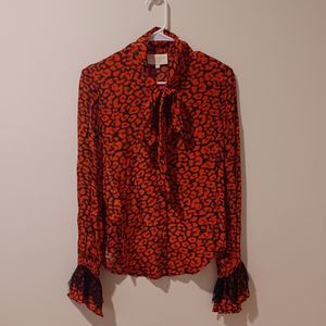 ROCOCO SAND Red Animal Print Long Sleeve Tie Neck Lace Detail Blouse Size XS